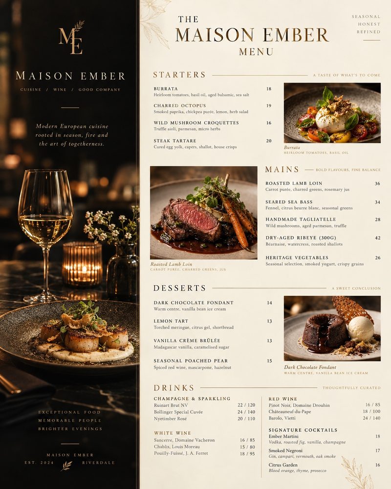 Maison Ember fine dining menu design